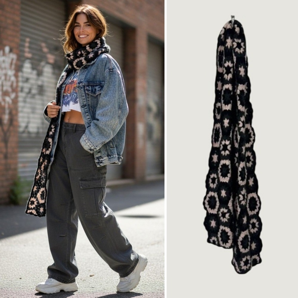 NY&Co Crochet Granny Square Scarf Black Pink Flower Motif Y2K Boho Whimsigoth